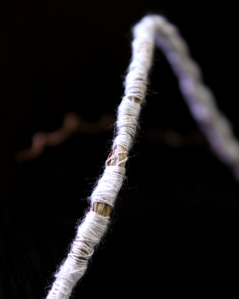 Close-up photograph of light-colored seaweed strands and white polypropylene thread tightly entangled together, creating a textured and somewhat delicate form. The subject is sharply focused against a stark black background, emphasizing the contrast between the materials and their interwoven structure.