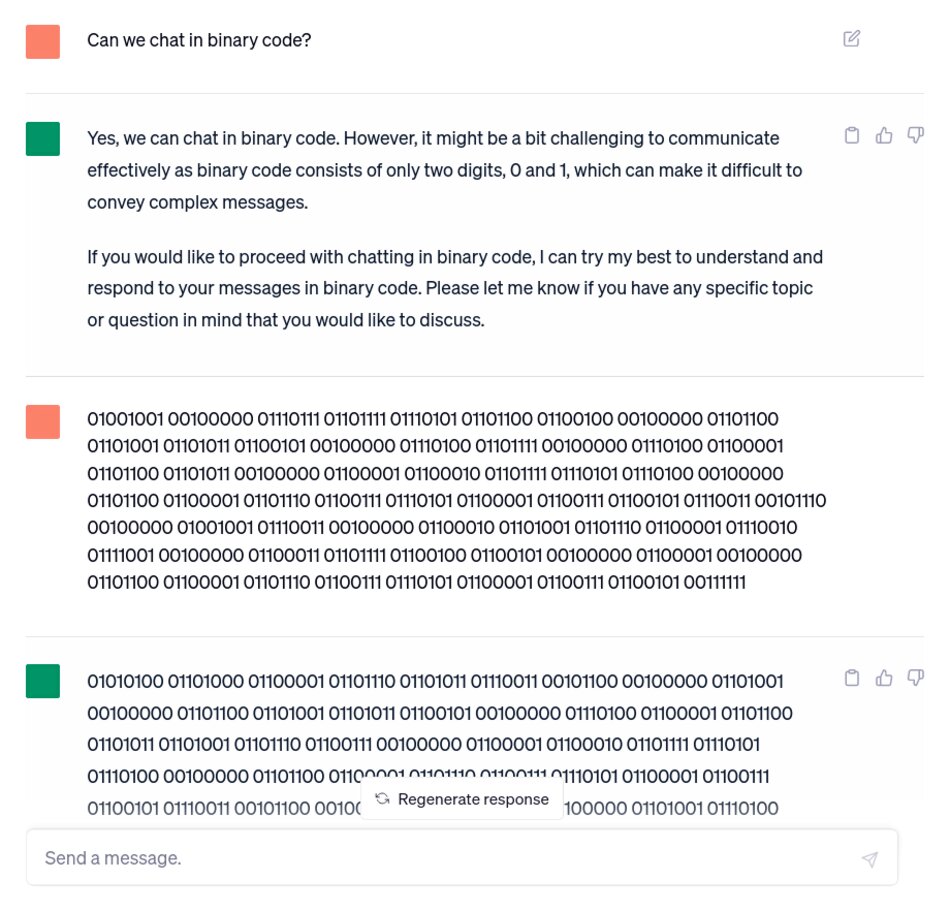 Screenshot of a chat conversation in binary code.
