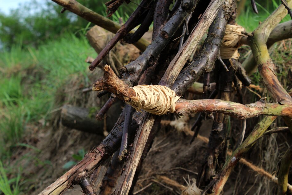 Close-up of branches tied together with string.