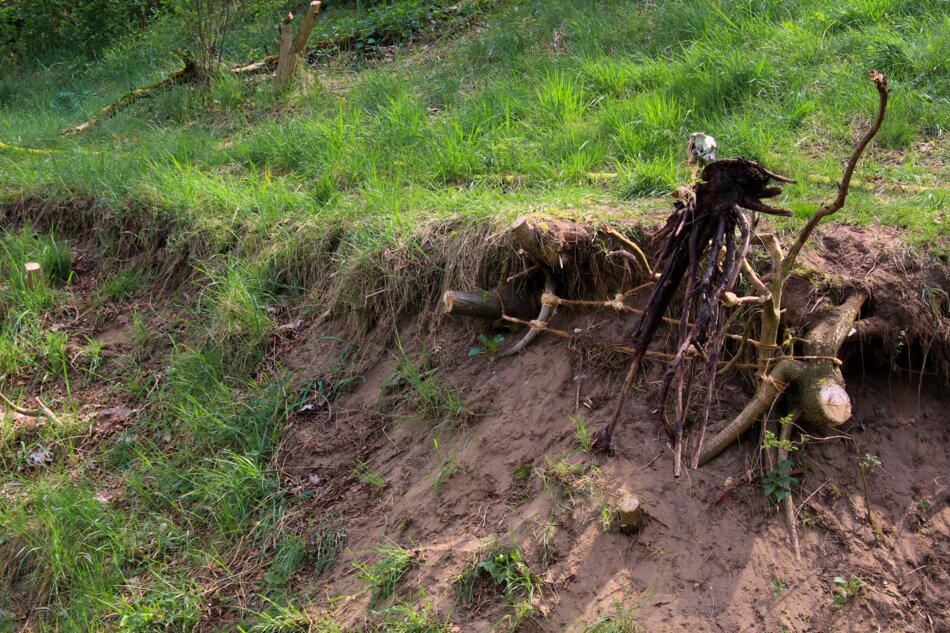 Wooden branch sculpture on a riverbank.